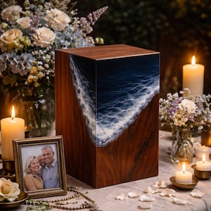 May include: A wooden cremation urn with a dark blue and white wave design on the front and top. The urn is surrounded by flowers, candles, and a framed photograph, creating a serene and memorial atmosphere.
