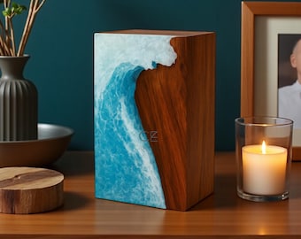 Handmade Rosewood Cremation Urn: Ocean Resin Wave Design