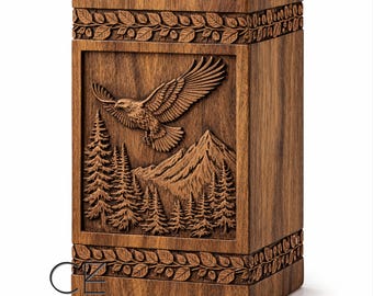 Hand Carved Wooden Cremation Urn – Eagle Mountain Memorial Box – Rustic Adult Urn