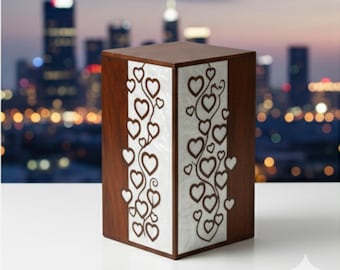 Urna de cremación de palisandro grabada con incrustaciones de resina en forma de corazón / Urna conmemorativa