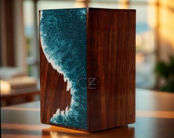 Handcrafted Ocean Wave Cremation Urn: Personalized Hardwood & Blue Resin
