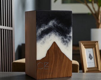 Handmade Wooden Cremation Urn Box with Resin Mountain Design – Modern Memorial Keepsake for Ashes
