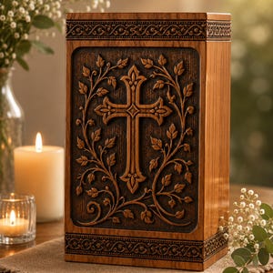 May include: A rectangular wooden urn featuring a dark brown, deeply carved central panel with a prominent cross motif surrounded by intricate vine and leaf detailing. The top and bottom borders display a repeating geometric pattern in dark brown.