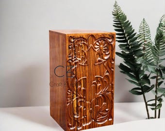 Urna de cremación de palisandro artesanal: tallado floral, recuerdo conmemorativo