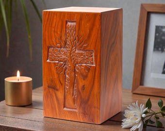 Handmade Rosewood Cremation Urn – Tree of Life Cross Carving