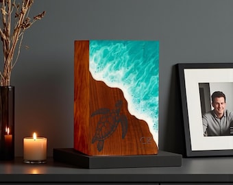 Handmade Wooden Cremation Urn: Ocean Wave Resin Inlay, Sea Turtle Engraving