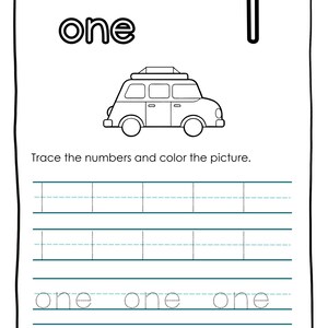 May include: Black and white worksheet for learning the number one. The word "one" is written in large letters above a drawing of a car. Below, there are lines for tracing the number one and the word "one". The text "Trace the numbers and color the picture" is also included.