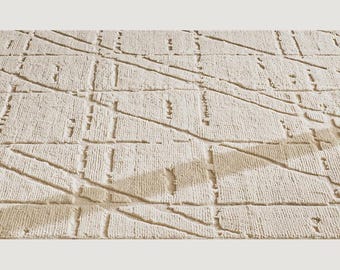 Hand-Tufted Wool Geometric Rug | Sculpted Textured Ivory Cream Beige Home Decor