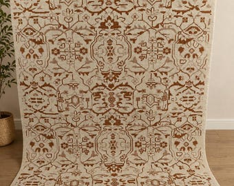 Hand Knotted Oushak Rug, Ivory Beige Wool Rug, Turkish Style Area Rug, Neutral Vintage Rug, Living Room Carpet 8x10, 9x12, 9x13.