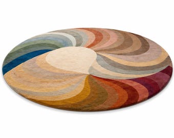 Alfombra redonda tejida a mano de 1,83 m, alfombra moderna con diseño de remolinos, alfombra de lana colorida, alfombra abstracta circular, alfombra para sala de estar.