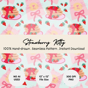 Carta digitale senza soluzione di continuità con motivo a gatto con pancake alla fragola, motivo per colazione con gattino rosa, per scrapbooking, adesivi e creazioni gastronomiche kawaii.