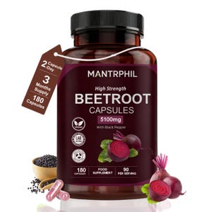 May include: A brown bottle of Mantrphil Beetroot Capsules, 5100mg, with black pepper. The label includes the text "High Strength" and "Vegan". A tag indicates a 3-month supply of 180 capsules. Beetroot and capsules are visible.