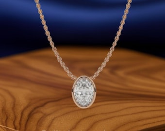 IGI Certified Lab Grown Oval Diamond Solitaire Pendant: 14K Gold Bezel Necklace