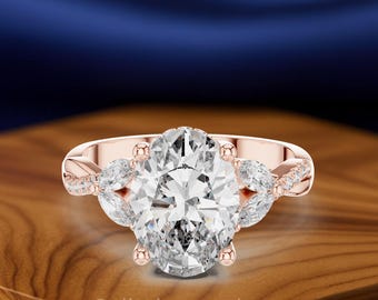 Oval Hidden Halo Three-Stone Diamond Engagement Ring, Marquise, Lab-Grown Diamonds, Solid Gold Bridal Ring
