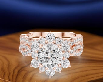 Round Diamond Floral Halo Engagement Ring, Pavé Band, Solid Gold Bridal Jewelry