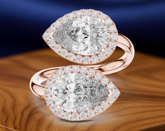 Pear Toi et Moi Diamond Ring, Double Halo Bypass Engagement Ring, Solid Gold Bridal