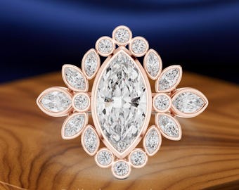 Marquise Sunburst Diamond Engagement Ring, Vintage Floral Halo, Solid Gold Bridal Band