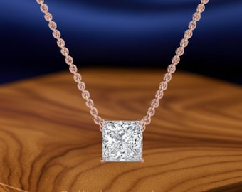 Princess Cut Lab Grown Diamond Pendant: 14k Gold Basket Setting