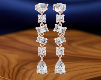 3.70 CT Multi-Shape Diamond Bezel Set Earrings | Pear, Oval, Emerald, Round Diamond Earrings | Gold & Silver | Luxury Simple Design