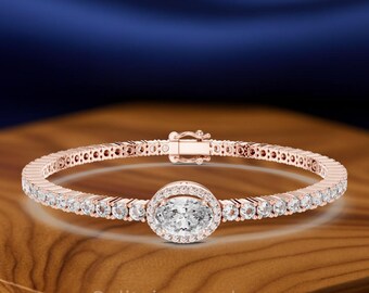 Oval Halo Lab Grown Diamond Tennis Bracelet | Oval Center Diamond Bracelet | 14K Gold Stackable Bridal Jewelry Gift For Her