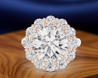 Round Halo Lab-Grown Diamond Engagement Ring, 6.92 CTW Solid Gold Bridal Statement Ring