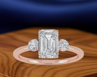 Emerald Cut Lab Grown Diamond Three Stone Ring: 3ct IGI Certified