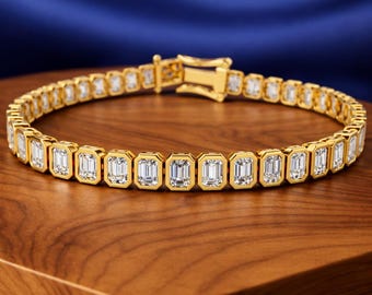 Tennisarmband met smaragd geslepen ring | In het lab gekweekte diamanten armband | Armband met gouden ring | Moderne minimalistische diamanten sieraden
