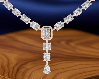 Multi-Shape Diamond Necklace | Oval Emerald Cushion Pear Diamond Necklace | Bezel Set Luxury Necklace | Sterling Silver, Gold | Fine Jewelry