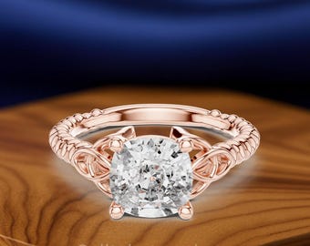 Cushion Cut Celtic Knot Lab Grown Diamond Engagement Ring, 14K Gold Twisted Rope Bridal Ring, Vintage Promise Gift For Her