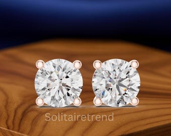 Round Cut Lab Grown Diamond Stud Earrings in 18K Rose Gold – Classic Four-Prong Setting