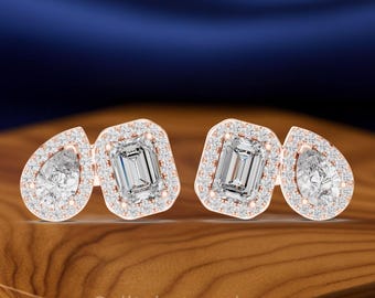 Emerald, Pear, Round Cut Diamond Statement Earrings | 5.48 CTW Diamond Earrings | Sterling Silver & Gold Options