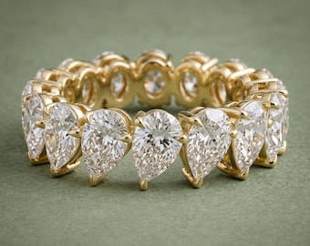 Anello eternity con diamanti sintetici a taglio a pera, fede nuziale eternity completa in oro 14 carati, fede nuziale impilabile con diamanti per anniversario per lei