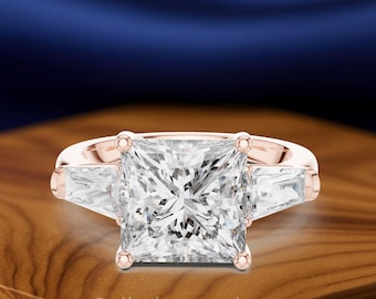 Princess Cut Three Stone Engagement Ring, Lab-Grown Diamond, Baguette Sides, Solid Gold Bridal Ring