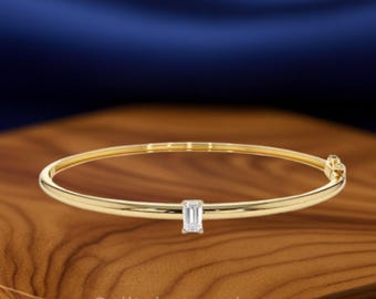 Emerald Cut Diamond Bangle – Solid Gold Hinged Bracelet