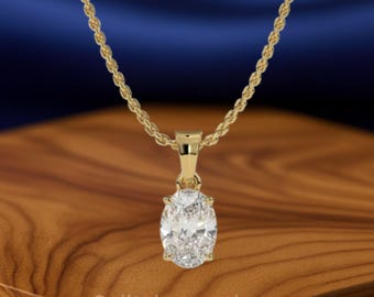 Colgante solitario de diamante cultivado en laboratorio con certificación IGI: collar ovalado de oro de 14 quilates