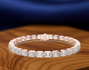 Emerald Cut Lab Grown diamanten ring set tennisarmband, 14K gouden diamanten armband, minimalistische bruidssieraden, jubileumcadeau voor haar