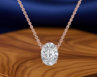 IGI Certified Lab Grown Oval Diamond Pendant: 14K Gold Basket Setting