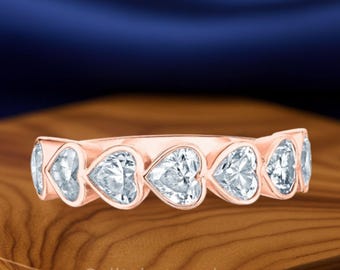 Alianza de bodas de oro de 14 quilates con diamantes y corazón: anillo de media eternidad de 1,00 quilates
