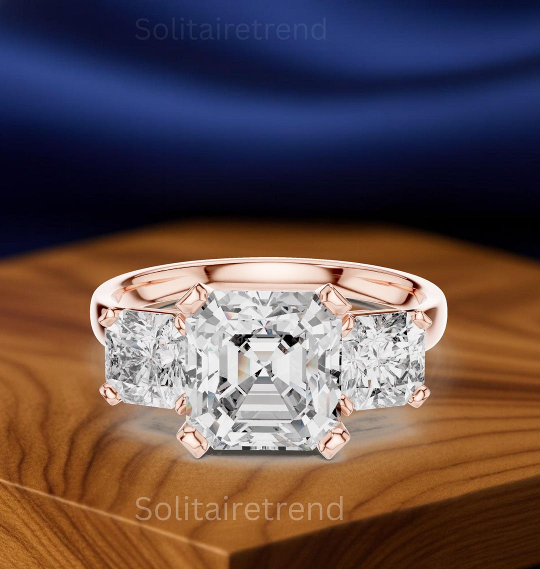 4.40 CTW Asscher Cut Lab Grown Diamond Three Stone Engagement Ring ...