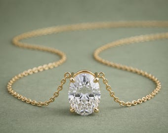 Oval Cut Solitaire Lab Grown Diamond Pendant Necklace, 14K Gold Oval Diamond Necklace, Minimalist Bridal Jewelry, Anniversary Gift For Her