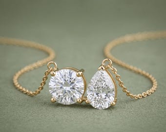 Toi et Moi Lab Grown Diamond Pendant Necklace, 14K Gold Round & Pear Two Stone Diamond Necklace, Anniversary Gift for Her