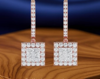 Princess Cut Halo Drop Earrings: 2.90 Ct Lab Grown Diamond, 14K Gold, IGI Certified