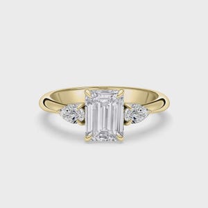 Emerald Cut Lab Grown Diamond Three Stone Ring: Solid Gold Past Present Future