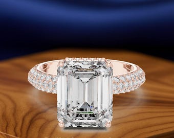 Emerald Cut Diamond Engagement Ring, Pavé Band, Lab-Grown Bridal Ring