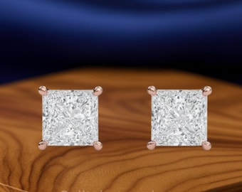 Princess Cut Lab Grown Diamond Studs: 14k/18k Gold Basket Setting 2Ct Diamond