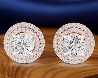 Round Diamond Stud Earrings | 3.96 CT Pavé Diamond Earrings | U-Cut Diamond Earrings | Sterling Silver & Gold Options