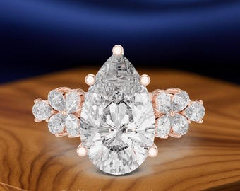 Pear Diamond Floral Cluster Ring, Vintage Inspired Bridal Statement Ring