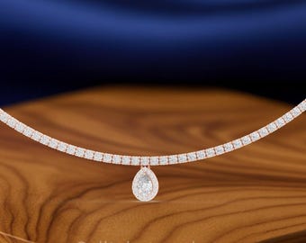 Pear Drop Diamond Necklace | 5.70 CTW Round, Pear Diamond Necklace | Collet & U-Cut Setting | Silver, Gold Options | Luxury Necklace
