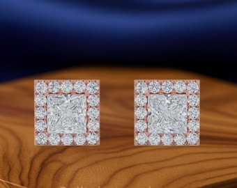 Princess Cut Lab Grown Diamond Halo Stud Earrings: 14K/18K Gold IGI Certified