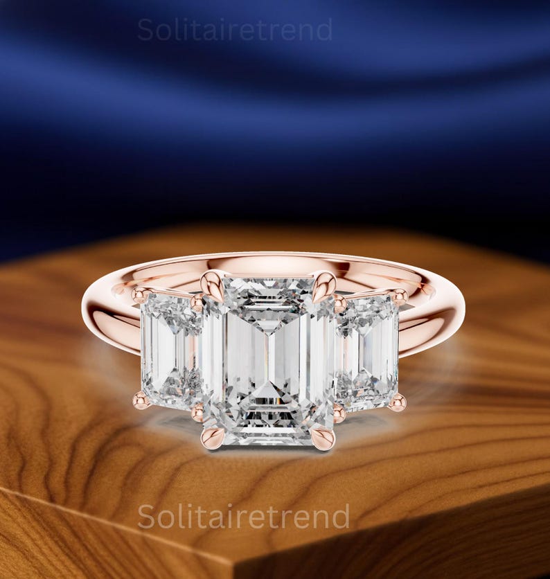 Emerald Cut Three Stone Lab Grown Diamond Engagement Ring, 14K Gold ...